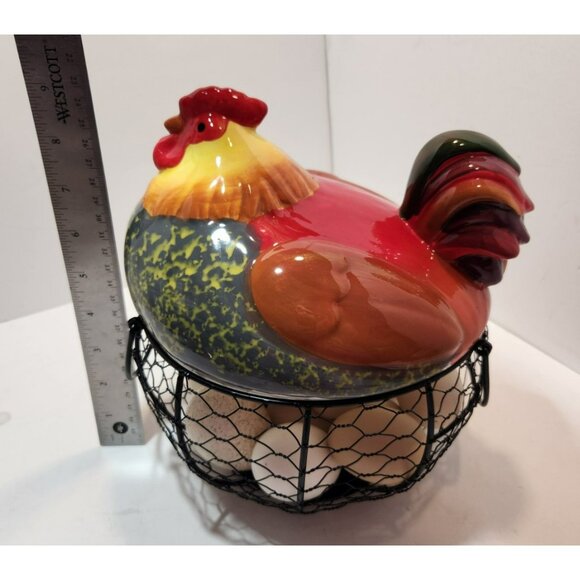 Ceramic Chicken Sitting on Black Metal Egg Basket with Eggs Farmhouse Decor - Picture 14 of 15